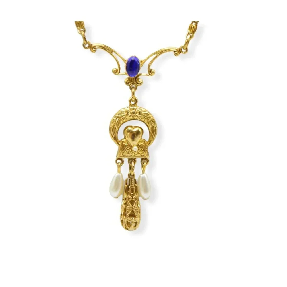 Art Nouveau Style Blue Cabochon Faux Pearl Heart Dangle Dainty Retro Necklace